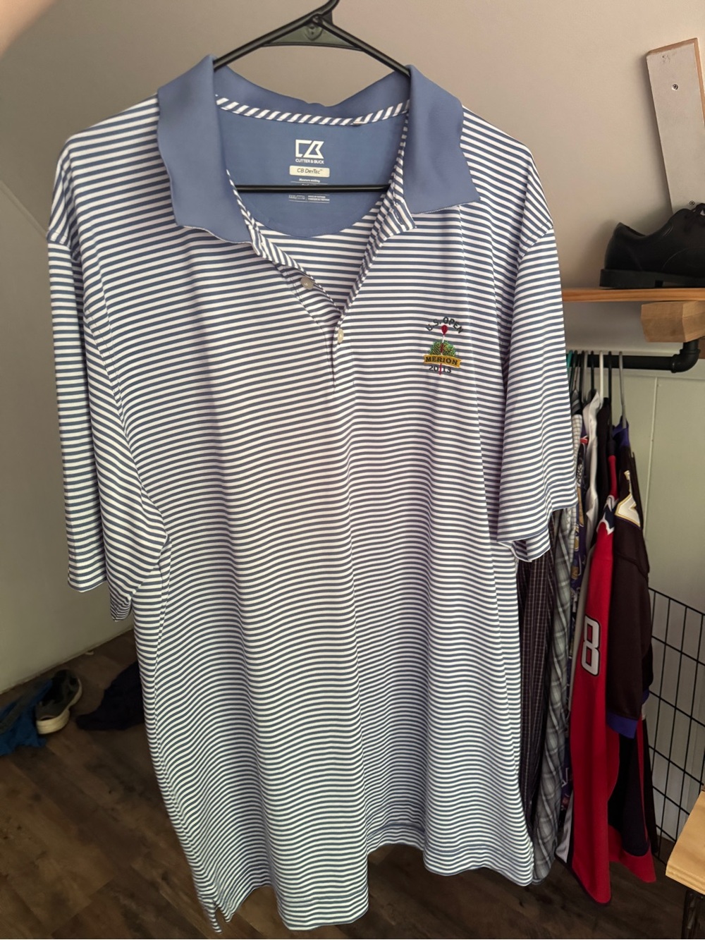 Men's Blue and White Striped Polo